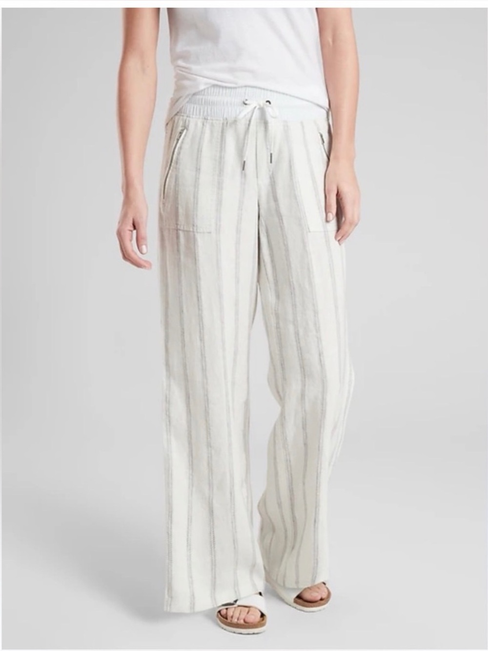 Athleta Cabo Tide Linen Wide Leg Pants Striped Ivory Gray 4